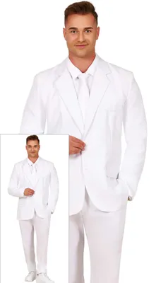 Productafbeelding van Carnavalskostuum, wit, met stropdas en broek, compleet. Elegant, stijlvolle herenmode. Kostuum, een modeklassieker, onmisbaar. Symbool van een wit pak. Ideaal voor carnaval. Hoogwaardige kwaliteit, maat: 46 - 48 (S). Kleur: wit