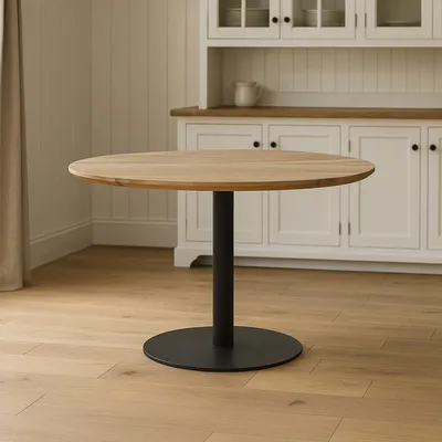 Produktbild von Runder Bistrotisch Brasilian | 110 x 110 cm | Akazienholz massiv | Farbe: Natur | Schweizer Kante | Säulen-Gestell Metall Schwarz | Holztisch/Säulentisch/Esstisch für Küche & Café