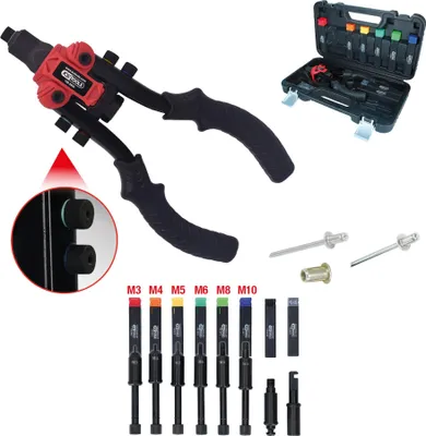 A collage of a rivet gun, its accessories, and a carrying case.