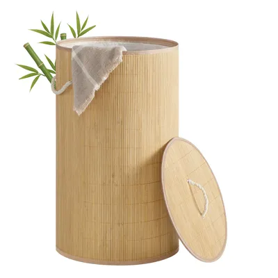 Produktbild von SONGMICS Wäschekorb mit Deckel, 90 L, Wäschesammler Bambus, rund, Wäschebox mit Griffen, faltbar