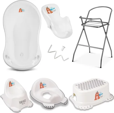 Produktbild von Baby Badewanne mit Gestell 7 Set Rheinland  - Babybadewanne + Baby Badewannensitz + Ständer + Abfluss + Töpfchen + Hocker + WC Sitz Kinder
