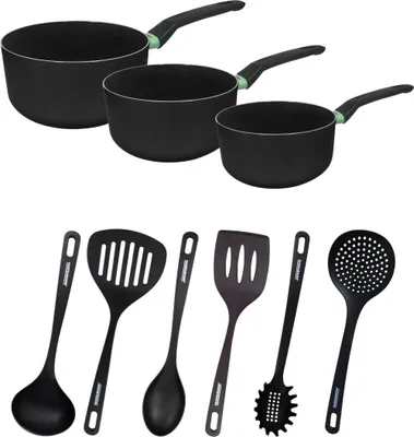 Image de Set de 3 casseroles antiadhésives céramique 16, 18 et 20 cm et 6 ustensiles Fackelmann Brandao