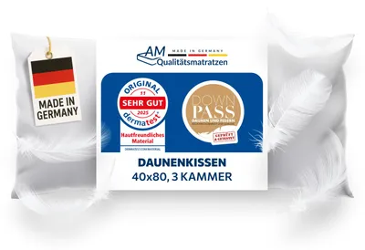 Produktbild von AM Qualitätsmatratzen | Premium Daunenkissen | 40x80 cm | Daunen | Kissen | 40x80 | Kopfkissen | Allergiker geeignet | Nomite | Downpass