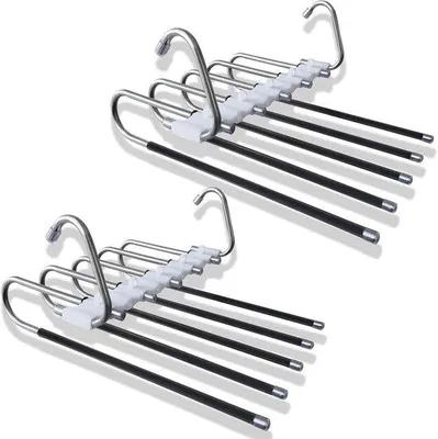 Produktbild von Set mit 2 platzsparenden Hosenaufhängern mit 5 Ebenen aus Edelstahl – Kleiderbügel für Hosen, Schals, Jeans, Kleidung und Handtücher