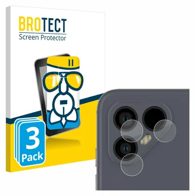 A product package for screen protectors is shown next to a close-up of a smartphone camera module with protective films applied.