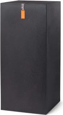 A tall, rectangular black planter with an orange tag attached to the top.