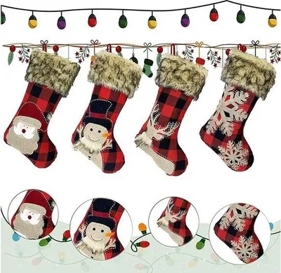 Productafbeelding van Set van 4 kerstkousen, grote kerstsokken, 46,5 cm, kerststokken, kerstsokken voor kinderen, sinterklaas, sokken om te vullen, open haard, sneeuwpop, kerstman, rendier, kerstboom