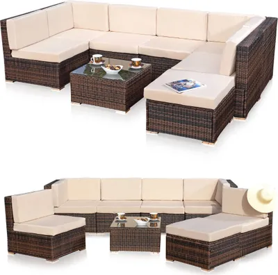 Obrázok produktu pre Melko záhradný nábytok lounge set polyratanová pohovka jedálenský set - hnedá
