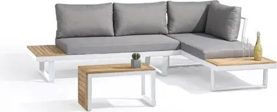 Produktbild von Gartenmöbel Set, Modulares Design, Aluminium, 4 Sitzer, TOKYO, Weiß & Akazienholz, Inklusive Kissen