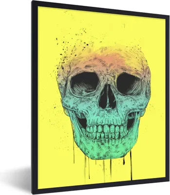 Produktbild von MuchoWow® Gerahmtes Poster Totenkopf - Blau - Gelb - Abstrakt 30x40 cm - Poster mit Schwarzem Bilderrahmen Wandposter Rahmen Foto Bilder - Wanddeko - Kunstdrucke