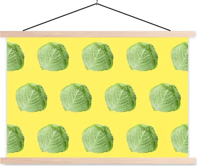 Produktbild von MuchoWow® Textilposter Gemüse - Kopfsalat - Muster - Gelb 120x80 cm mit holzfarbenen Rahmen - Aufhängeset