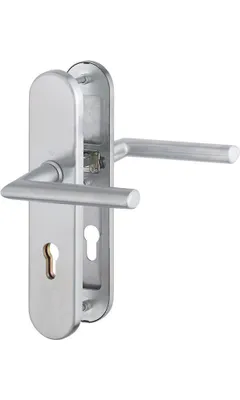 A silver door handle set with a keyhole is shown against a white background.