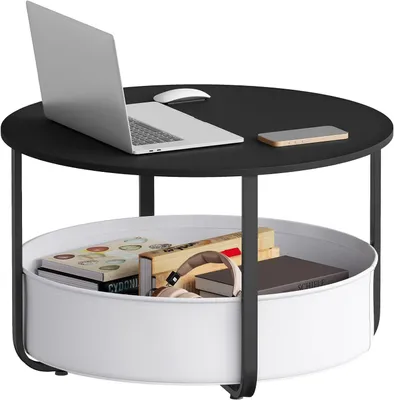 Produktbild von WOLTU Runder Couchtisch Ø80xH50 cm mit Aufbewahrungskorb PB-Platte : Schwarz+Grau Farbe: Schwarz+Grau