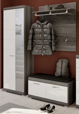 Produktbild von Garderobe Set 3-teilig "Shawn" weiß Hochglanz und Rauchsilber grau