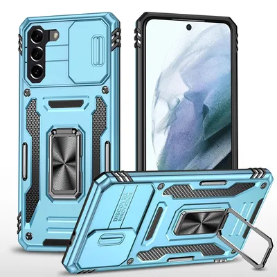 Immagine prodotto di Custodia per Samsung Galaxy S23+ a doppio strato antiurto con protezione fotocamera scorrevole, supporto ad anello blu