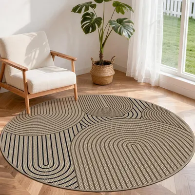 Productafbeelding van Rond vloerkleed van rundervacht, 160 cm, met een jute-look - Wasbaar en antislip