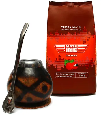 Produktbild von MATEINE Yerba MateTee Set - Paraguayischer Mateine Guarana 500g, Natürliche Kalebasse Diamante, Bombilla und Korkpad - rauchgetrocknete Yerba Mate