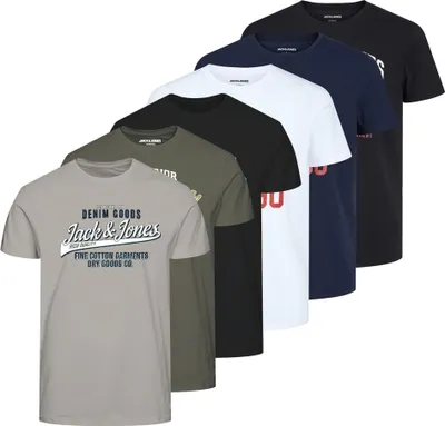 Produktbild von JACK&JONES Herren T-Shirt, 6er Pack - JJETHAN TEE CREW NECK, Vintage Logo, Baumwolle Weiß/Marineblau/Schwarz/Grün/Grau M