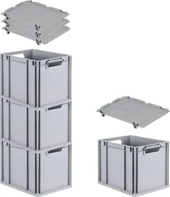 Produktbild von SuperSparSet 4x Eurobox NextGen Economy mit Auflagedeckel und 4x Schiebeschnappverschlüsse Schwarz | Griffe offen | HxBxT 32x30x40cm | 30 Liter | Eurobehälter, Transportbox, Transportbehälter, Stapelbehälter