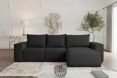 Produktbild von Ecksofa mit Schlaffunktion ESTELLE Stoff Opera Velvet Schwarz Ottomane Rechts