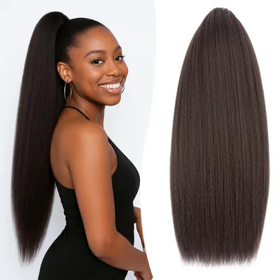 Productafbeelding van Haarverlenging, paardenstaartmodel, gekrulde Yaki-haar, recht, 60 cm, donkerbruin