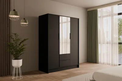 Produktbild von ALTDECOR Kleiderschrank mit Spiegel und Flügeltüren, Garderobenschrank mit viel Stauraum, Vielseitiger Drehtürenschrank, Schrank KOLIN 150x200 cm Schwarz