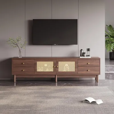 Image de Armoire TV Sweiko de 180 cm de long, aspect bois foncé, avec deux portes en rotin, quatre tiroirs, gestion des câbles et charnières hydrauliques - Convient pour les téléviseurs jusqu'à 80 pouces
