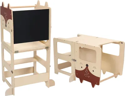 Produktbild von 2 in 1 Learning Tower für Kinder,Montessori Stehhilfe mit Tafel,Holz Lernturm Kleinkind Küchenhelfer Tritthocker Tisch Stuhl Set für Kinder ab 1 Jahr