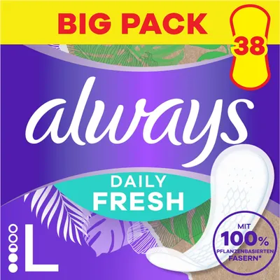 Produktbild von Always Daily Fresh Slipeinlagen Long, mit 100% pflanzenbasierten Fasern, 38 Stück, ohne Duft, bis zu 12 Stunden Schutz, ohne Duft Large