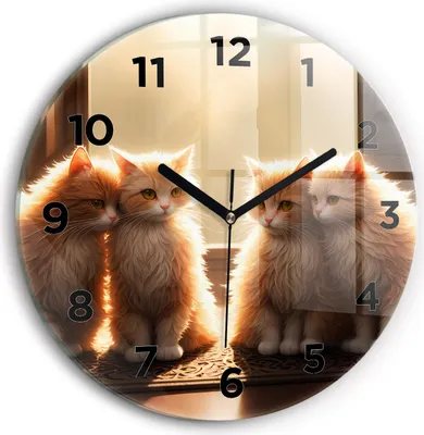 Produktbild von Wallfluent Wanduhr – Stilles Quarzuhrwerk - Uhr Dekoration Wohnzimmer Schlafzimmer Küche - Zifferblatt - schwarze Zeiger - 30 cm - Vier Katzen in der Sonne