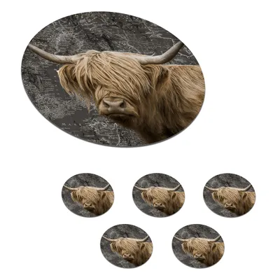 Produktbild von KitchenYeah® Glasuntersetzer Rund 6er Set Schottisches Hochlandrind - Weltkarte - Tiere 10x10 cm Untersetzer für Gläser - Getränkeuntersetzer - Tischplattenschutz - Tischuntersetzer für Tassen Tisch