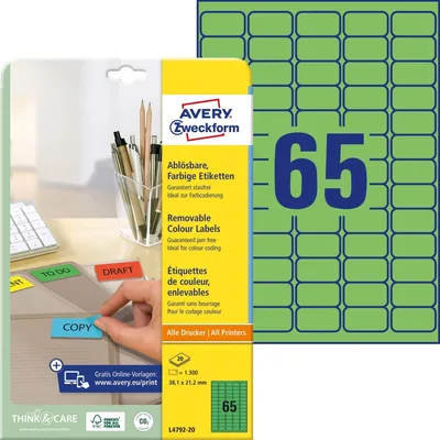 Produktbild von Avery Zweckform L4792-20 Farbige Etiketten, ablösbar, A4, 38,1 x 21,2 mm, 20 Bogen/1.300 Etiketten, grün