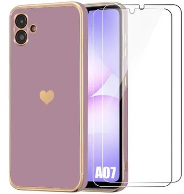 Image de Coque + 2 Verres Trempés pour Samsung Galaxy A07, Motif Cœur Antichoc Souple Anti-Rayure Ultra Slim - Violet