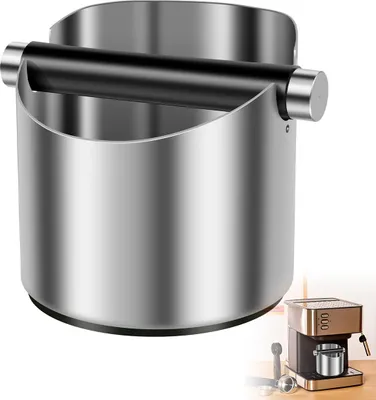 Produktbild von Edelstahl Kaffee Abklopfbehälter mit Gummibasis & abnehmbarem Klopfstab, Spritzsicher, Espresso Zubehör