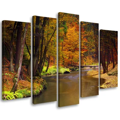 Produktbild von 5-teiliges leinwandbild herbstwald fluss 150x100 cm Feeby orange wandbild bereit zum aufhängen