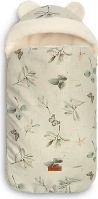 A baby footmuff with a floral and butterfly pattern, featuring bear ears on the hood.