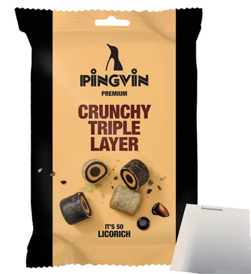 Produktbild von Toms Pingvin Lakritz Crunchy Triple Layer (90g Packung) + usy Block
