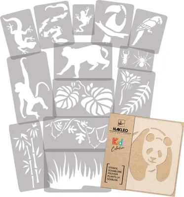 Produktbild von Schablonen Malen für Kinder, 14 Stück Set 9x12 bis 23x34 cm Dschungel Tiere, Wiederverwendbare Kunststoff für Kinderzimmer Malvorlage Raumdekoration