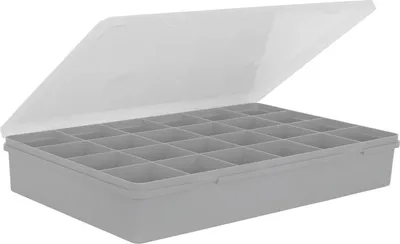 A gray plastic organizer box with a clear, open lid, showing multiple compartments inside.