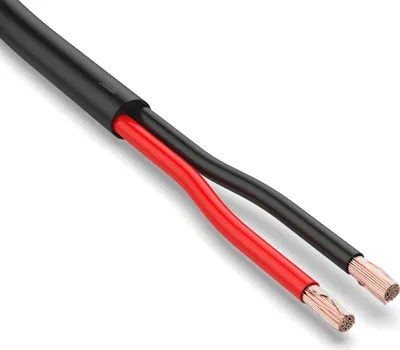 A close-up, studio shot of a black and red electrical cable with exposed copper wire ends.