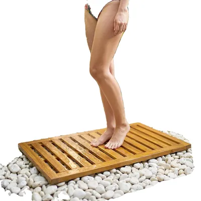 Image de Tapis de douche, en bois d'acacia, antidérapant, JAUNE