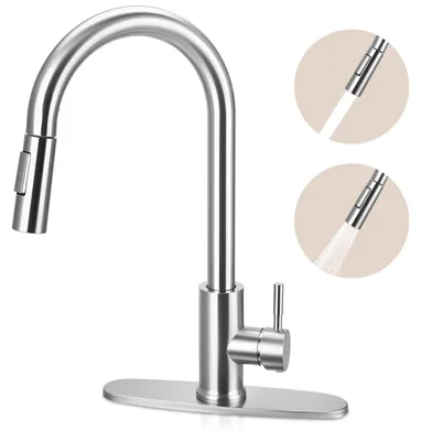 Produktbild von Ausziehbare Küchenarmatur - 60 cm Schlauch - 2 Strahlarten - 360° schwenkbar - Werkzeuglose Montage - Abdeckplatte für 1- und 3-Loch-Spülen - Edelstahl