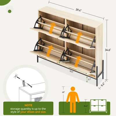 Produktbild von Rattan-Schuhschrank - 4 Kippfächer - Freistehend - Metallrahmen - Für Stiefel, Absätze & Hausschuhe - Eiche