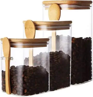 Immagine prodotto di set di 3 barattoli in vetro con coperchio e cucchiaio in bambù - ermetici ed eleganti