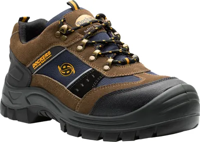A single brown and blue Dockers safety shoe is shown against a white background.