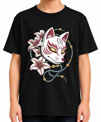 Obrázok produktu pre Tričko s motívom masky Kitsune (japonský líška), s motívmi liliek, v anime štýle, s odkazmi na Japonsko, obdobie Y2K, mytológiu. Čierna farba, veľkosť 128