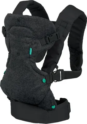 A dark gray baby carrier is shown against a white background.
