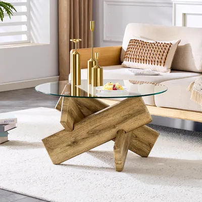 Zdjęcie produktu dla Okrągły stolik kawowy 79 cm, szkło + MDF, drewniana rama w kształcie krzyża, nowoczesny