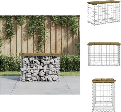 A gabion bench filled with stones and topped with a wooden surface, placed on a patio in front of a wooden fence with greenery.