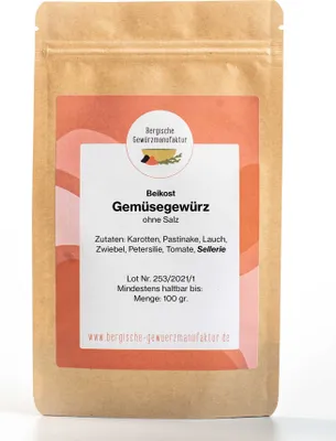 Produktbild von Gemüsegewürz ohne Salz aus getrocknetem Gemüse ohne künstliche Zusatzstoffe. Für Beikost geeignet
